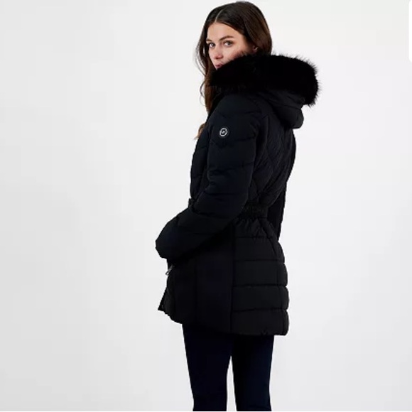 NWT Michael Michael Kors Women’s Belted Bibbed Hooded Puffer Coat - Black - Picture 4 of 16